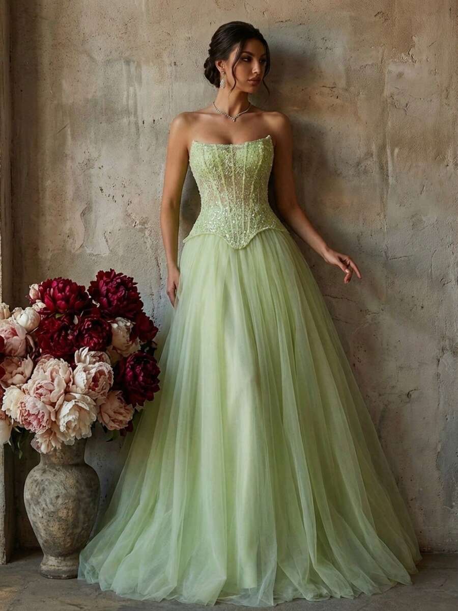 A Light Green Sequin Lace Strapless Lace-Up Tulle Maxi Dress Court-Style Luxury Evening Gown Wedding Vacation Spring Party - Grass Green - View 1
