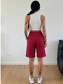 Women's Solid Fake Drawstring Ribbed Knit Sleep Bottom - Burgundy - View 2