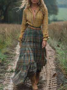 Women's Plaid  Maxi Dress  Yellow Green Checkered Long Sleeve Shirt & Tiered Maxi Skirt, Boho Western Casual Outfit With Belt - Màu vàng - Xem 3