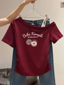 Korean Sweet & Spicy Style Burgundy Asymmetrical Shoulder T-Shirt Women's Donut Print Side Drawstring Slim Fit Flattering Top American Summer - Burgundy - View 1