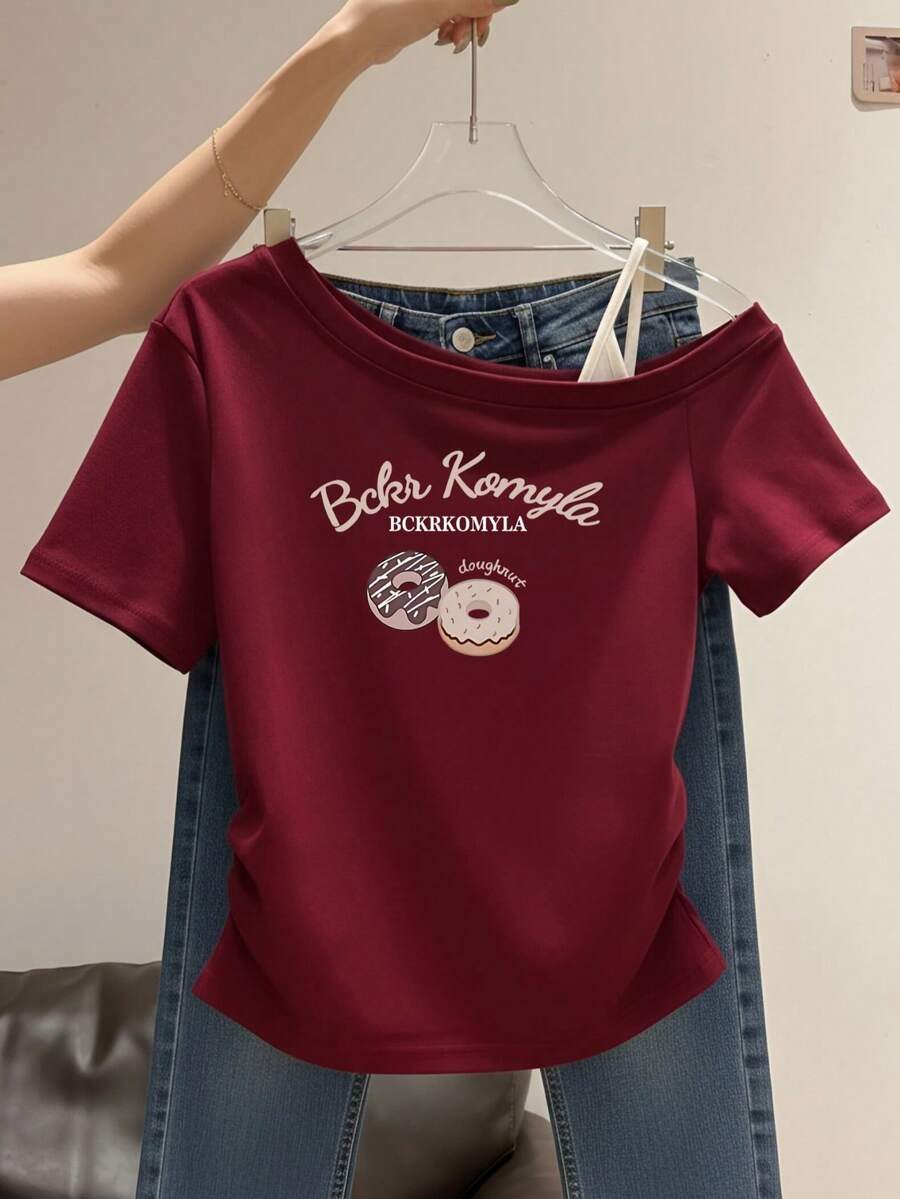 Korean Sweet & Spicy Style Burgundy Asymmetrical Shoulder T-Shirt Women's Donut Print Side Drawstring Slim Fit Flattering Top American Summer - Burgundy - View 1