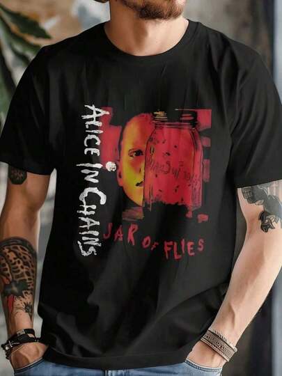 ChristmasMen's Plus Size Alice In Chains - Jar Of Flies Rock Band Graphic, Casual Soft Oversized Cotton 220g Pattern Printed Black-ShirtHot Item