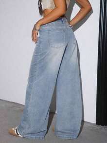 Women's Casual Loose Wide Leg Jeans With Pockets, Suitable For Daily Wear Spring - 淺色水洗 3 - 查看 3