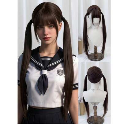 28英寸长直发假发，带刘海，动漫人物角色扮演假发，带双马尾，可爱洛丽塔假发，适合万圣节和圣诞节派对，女士款