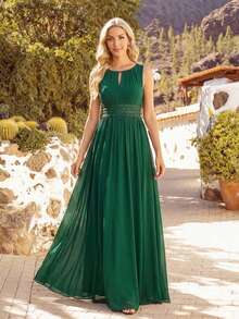 优雅亮片雪纺无袖伴娘礼服 - 墨綠色 - 查看 2