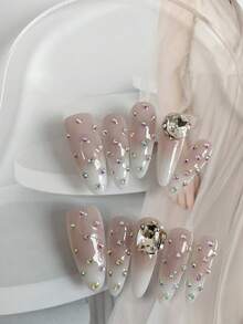 Móng giả cao cấp kiểu Qianjin màu nude, hiệu ứng chuyển màu trứng bồ câu, dáng dài, đính đá lấp lánh, có thể tháo rời. - Nhiều màu - Xem 3