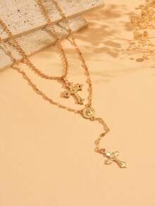 2pcs/Set Versatile Colorful Rhinestone Cross Pendant Necklace, Vintage Religious Virgin Mary Relief Y-Shaped Long Necklace, Elegant Women Sweater Chain Suitable For Daily Wear, Music Festivals, Gatherings, And Photo Shoots - Multicolor - View 3