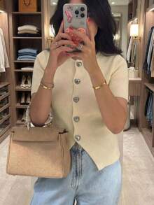 SEREN 女士春夏圆领心形纽扣针织开衫，休闲优雅办公穿着，常规长度；情人节粉色短袖女士上衣，适合夏季日常穿着 - 杏色 - 查看 5