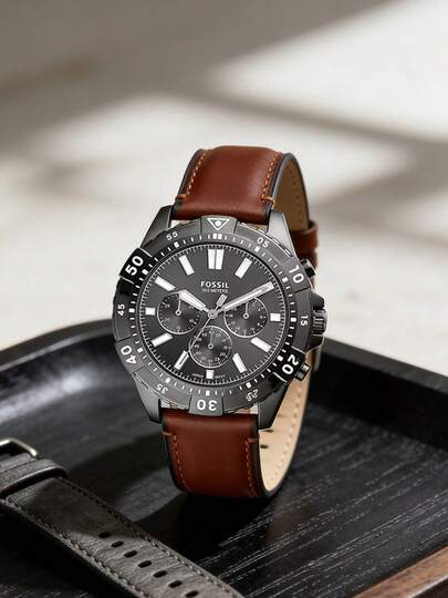 Fossil Garrett Series Men's Vintage Wrist Watch, Brown Leather Strap, Smoky Color Case, Gray Dial, Accessory, Brand Gift, Business/Casual/Dating, Comes With Original Box, Men's Quartz Watch With Chronograph Function, Luminous Hands, Model FS5770