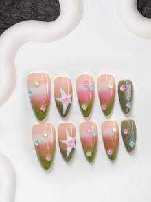 10pcs Dreamy Handmade Nail Art Set, Including Colorful Rhinestone Nail Decorations, Star Nail Stickers, Green/Pink/White Nail Polish, Sweet & Fresh Style, With Nail Tools (1 Jelly Sticker + 1 Nail File). Available In 3 Sizes: Almond, Duck Mouth, Coffin. Suitable For Parties, Daily Wear, Parties, Photo Shoots, Spring/Summer Commute Press On Nails - Multicolor - View 15