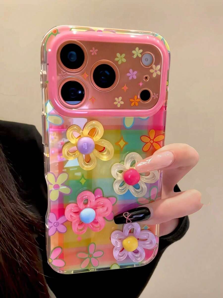 Flower Korean Style Ins Dopamine Colorful Plaid 3D Floral 17 Pro Max Phone Case, Creative Protective Cover Compatible With Apple 15 Pro, 14, 13, 16, 17 Unique Design For Women - Multicolor - View 1