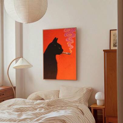 1幅趣味黑猫帆布墙画，抽象猫插画艺术美学绘画，红色背景家居装饰，ins风墙贴，帆布材质，墙面装饰礼品，不含画框