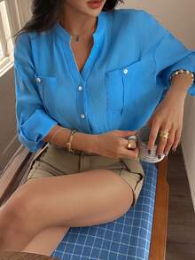 Women's Regular Fit Blue Long Sleeve Shirt With Adjustable Cuffs And Front Pocket - Blue - View 4