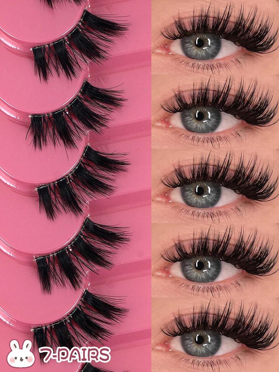 MAANGE 7 pares de pestañas postizas de estilo de dibujos animados para el Día de la Madre, maquillaje de ojos de gato natural, banda transparente, corto suave similar a 3D mink, esponjoso similar a mink, herramientas de extensión de pestañas, adecuado para uso diario, viajes de mujeres, fiestas, trabajo, también un gran regalo para ella. Pestañas de estilo de dibujos animados delicados para uso diario.