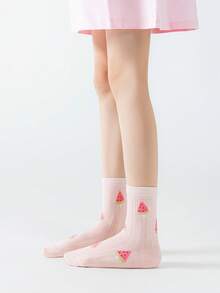 5双装女童卡通水果字母印花透气网眼中筒袜，清爽百搭可爱袜子，学生日常休闲穿着 - 彩色 - 查看 2