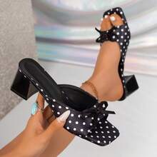 Y2K Retro Polka Dot Comfortable Chunky Heel Sandals, Bowknot Square Toe Slides, Suitable For Daily Outings And Gatherings In Summer - Black - View 1