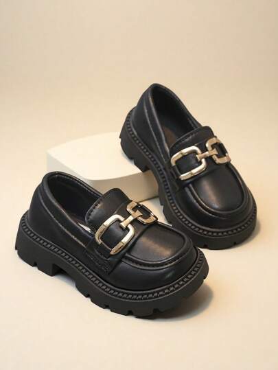 Kids Black Leather Loafers With Metal Buckle, Thick Non-Slip Soles, Student Shoes For Girls & Boys, Flat Campus Style Shoes For Toddlers/Children