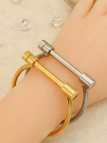 Pulseira/bracelete de aço inoxidável (1 peça), resistente ao desbotamento, com design de rosca, acessório de pulso feminino de marca. - Ouro - Ver 5