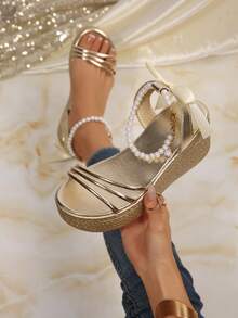2026 Summer Metal Buckle Flip Flops, Plus Size Slip-On Beach Sandals With Thick Soles For Women - Gold - View 1