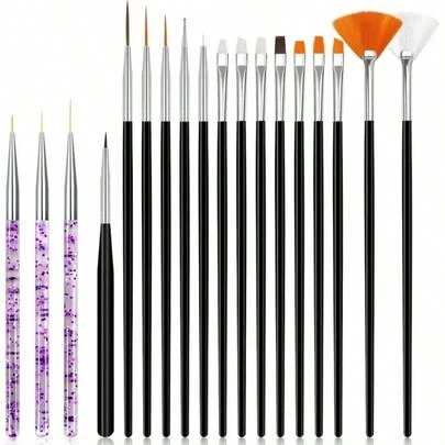 Bộ cọ vẽ móng 18 món, với nhiều đầu cọ khác nhau (cọ kẻ viền, cọ dẹt, cọ oval, cọ kiểu Pháp) - Tương thích với: - Móng gel - Móng polymer - Lý tưởng cho các nghệ sĩ làm móng.