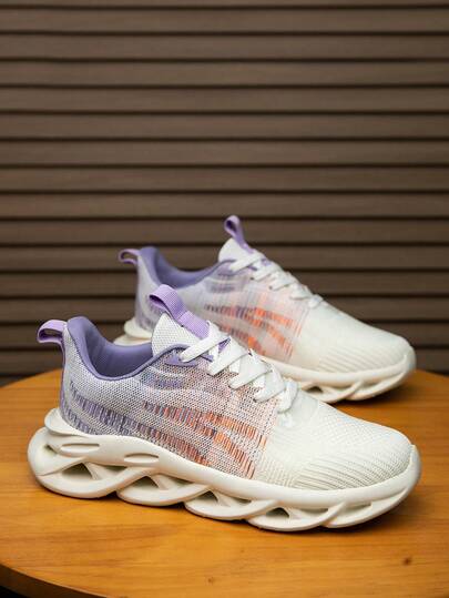 Men's Spring/Summer New Gradient Striped Knit Mesh Painting Style Comfortable Casual Shoes/Versatile Outdoor Lace-Up Running Sneakers