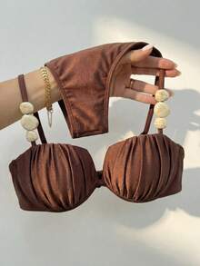 Bikinx 女士优雅露背细肩带比基尼套装，胸部饰有褶皱和串珠细节，高弹面料，适合度假海滩夏季穿着。 - 棕色 - 查看 1