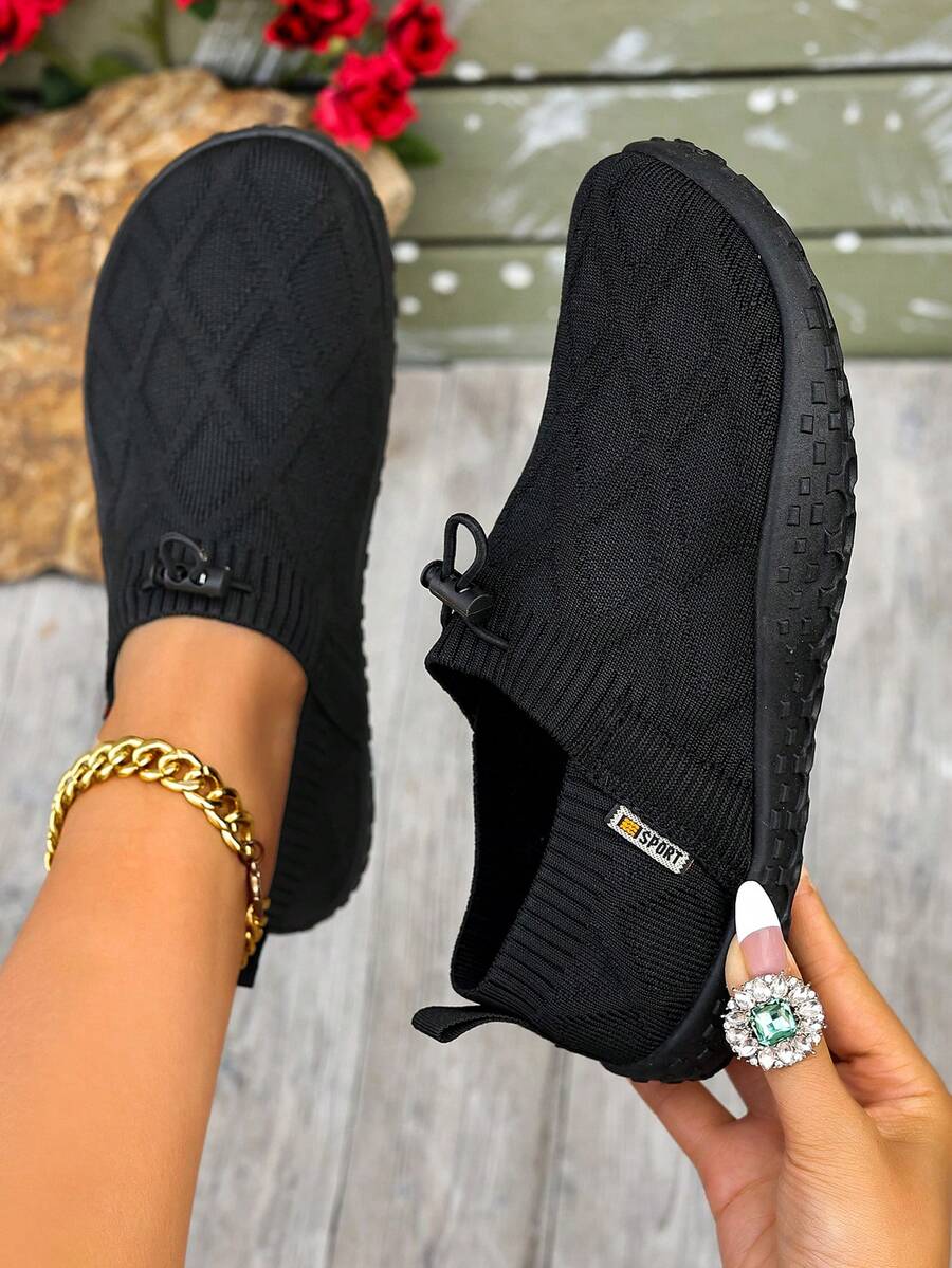 女士纯色帆布抽绳可调节休闲运动鞋，踝袜设计，圆头平底运动户外运动鞋，适合春秋季穿着 - 黑色 - 查看 1