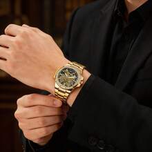 LONGLUX 1pc Men's Waterproof Automatic Hollow Mechanical Watch With Stainless Steel Band And Rhinestone Decoration - Gold - View 5
