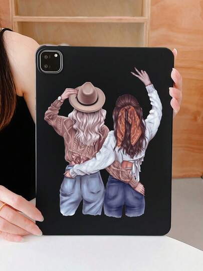 1 pieza Funda protectora mate negra a prueba de golpes con ilustración minimalista de mejores amigos, atuendo inspirado en el oeste vintage (sombrero vaquero, bufanda, top de punto corto), adecuado para uso diario, viajes, regalos para cumpleaños, graduaciones, Día de las Amigas