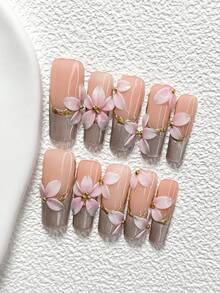 10Pcs Light Luxury Floral Style Handmade Nail Art Set,Polygel Nail Set, Five Petal Flower Nail Art Decorations,Includes Nail Tools,3 Sizes Available,Almond Nails , Duck Nails,Coffin Nails For Party, Dance, Daily Wear. - 彩色 - 查看 12