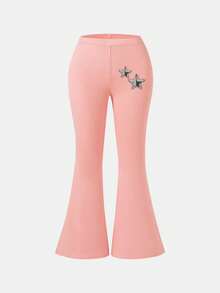 This Casual Set Suitable For Girls Consists Of A Pink T-Shirt With Creative Text Print Paired With Light Pink Flare Pants. Whether For School, Shopping, Creating A Street Style Look, Or Vacationing, This Is An Excellent Choice. - Pink - View 8