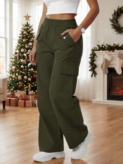 Pantalones cargo de mujer de unicolor elegante y versátil, de cintura elástica minimalista con bolsillo, para primavera