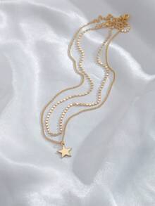 2pcs/Set Fashionable Personalized Design Flat Bead Chain Double-Layer Stacked Star Pendant Necklace, Choker (No Gift Box) - Yellow Gold - View 7