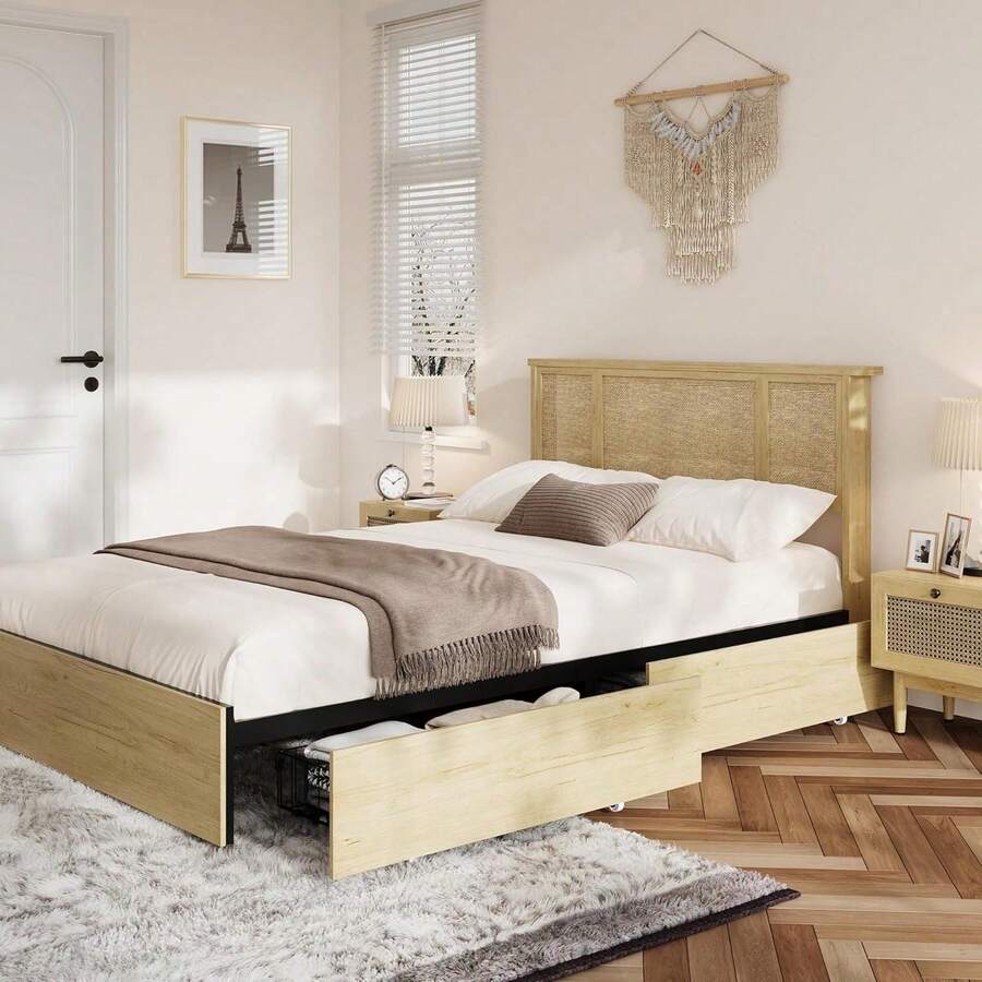Beaully Bed Frame With 4 Wooden Storage Drawers And Rattan Headboard, Sturdy Metal Base With Durable Wooden Slats, Boho-Style Cane Mattress Support, No Box Spring Needed,Natural Oak - Full Size-4 Drawers - View 1