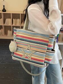Nueva bolsa de lona casual y de moda con patrón de estrella yúltiples bolsillos, incluida una monedero - Multicolor - Ver 3