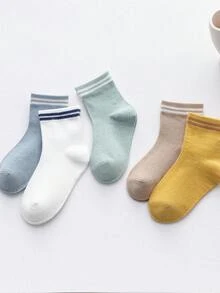 5双装儿童/婴儿网眼中筒袜，白/黄/蓝/卡其色，撞色拼接，卡通字母条纹，透气可爱，简约风格，春夏四季皆宜，时尚百搭，适合学生日常穿着，返校季必备，可搭配休闲运动鞋或皮鞋 - 彩色 - 查看 5