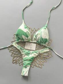 Bộ bikini nữ mùa hè in họa tiết toàn thân, kiểu buộc dây cổ và quần tam giác. - Nhiều màu - Xem 1