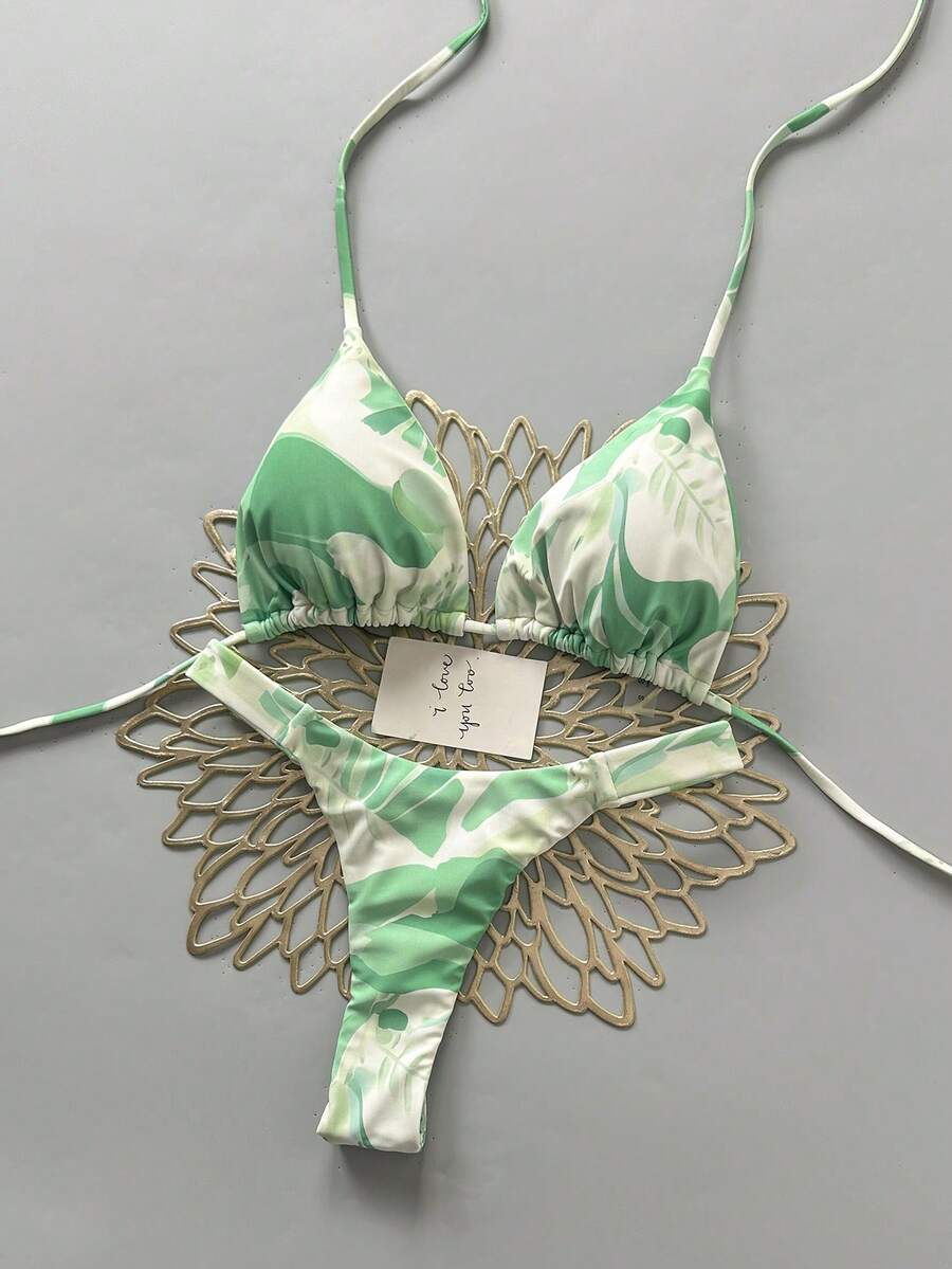 Bộ bikini nữ mùa hè in họa tiết toàn thân, kiểu buộc dây cổ và quần tam giác. - Nhiều màu - Xem 1
