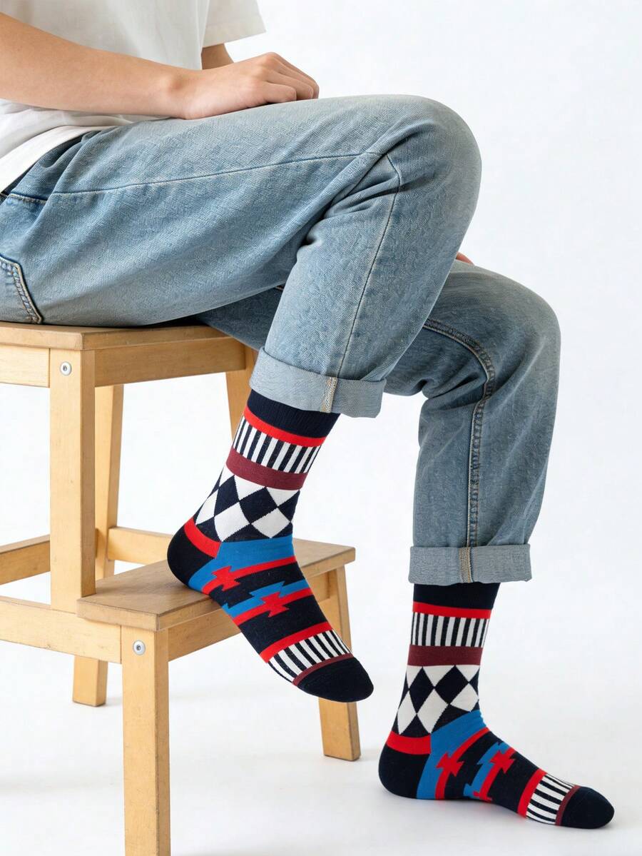 1 par de calcetines de media caña de moda a rayas rectangulares versátiles y casuales para mujer - Multicolor - Ver 1