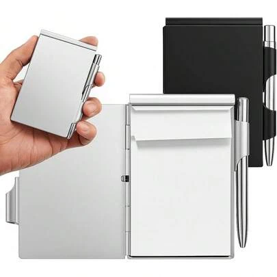 OBOVAY 1 Set Mini Metal Pocket Notebook Kit - Includes Rotating Ballpoint Pen, Portable Spiral Notebook With Aluminum Alloy Shell, Durable & Scratch-Resistant, Suitable For Business People, Office Workers And Students To Record Notes, To-Do Lists, Carry Around And Write Anytime, Ideal Professional Gift For Colleagues And Back-To-School Season