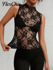 New Arrival Women Lace Turtleneck Mesh Sleeveless Slim Fit Camisole, Spring/Summer/Autumn Black - Black - View 2