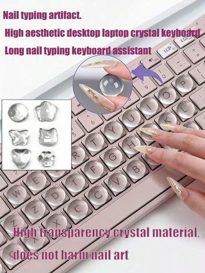 Adesivi per tastiera con chiavi ingrandite a forma di unghie trasparenti, adesivi per tastiera assistente per digitazione con unghie 3D rialzate, decorazione trasparente speciale che non danneggia le unghie, coperture per tastiera autoadesive trasparenti fai-da-te per protezione delle unghie da ufficio, realizzate in materiale di vetro trasparente (con nastro trasparente rotondo senza cuciture incluso)