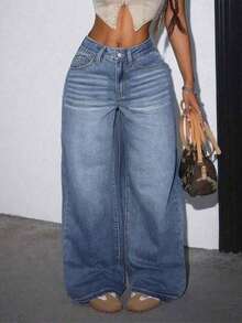 Jeans anchos y sueltos de mujer con bolsillos, adecuados para el uso diario en primavera - Lavado medio - Ver 8