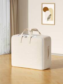 1PC Portable Linen-Pattern Storage Bag With Transparent Window, Large Capacity Clothes Organizer With Dual Handles & Sturdy Zipper, Foldable Dustproof Pouch For Blankets, Pillows & Travel Essentials, Perfect For Closet, Dorm & Home Organization - Beige - View 8