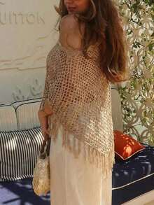 2026 Spring/Summer New Irregular Cut Design Fringe Trim Cardigan For Women.Perfectly Pairs With Camisole, Shorts To Showcase Casual Relaxed Vibe.Suitable For Party, Daily Casual, Beach, Vacation, Street Style And Other Occasions.Versatile Knit Sweater. - 白色 - 查看 7