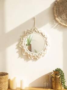 1pc Bohemian Style Handmade Woven Tassel Wooden Bead Round Acrylic Mirror, Suitable For Bedroom Wall Decor, Perfect Gift For Friends And Family, Applicable For Birthday, Graduation, Home Decor, Back To School, Room Decoration, School Supplies, Suitable For Bedroom, Living Room, Bathroom, Hallway, Kids Room, Kitchen, Office, Country Style Scenes - Beige - View 3