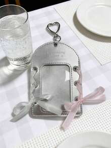 Korean Ins Style Silver Leather Minimalist High-Quality Fashion Card Holder, 3-Inch Small Card Display Lanyard - Silver - View 2