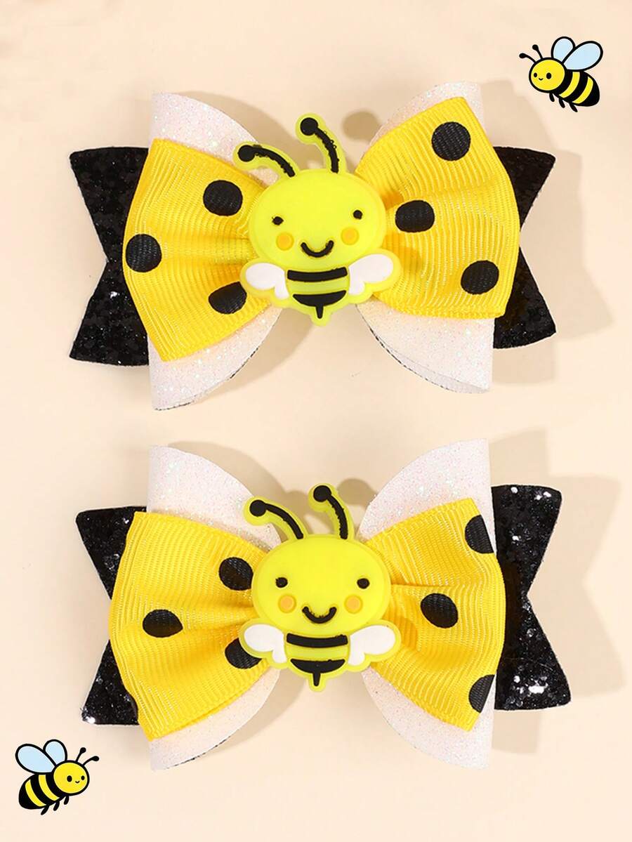 2pcs Bee & Bow Hair Clips, Glitter Bow Hair Accessories, Cute For Teens - Multicolor - View 1