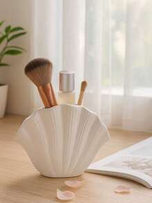 1 pieza Organizador de brochas de maquillaje con forma de concha, decorativo para tocador, encimera del baño, escritorio, incluye brochas de colores, decoración para el hogar/oficina, embellecedor de habitación, regalo creativo - Multicolor - Ver 7