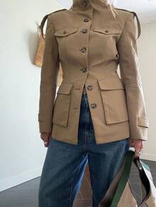 女士系带口袋立领长袖外套，优雅百搭，适合秋冬季节 - 杏色 - 查看 5